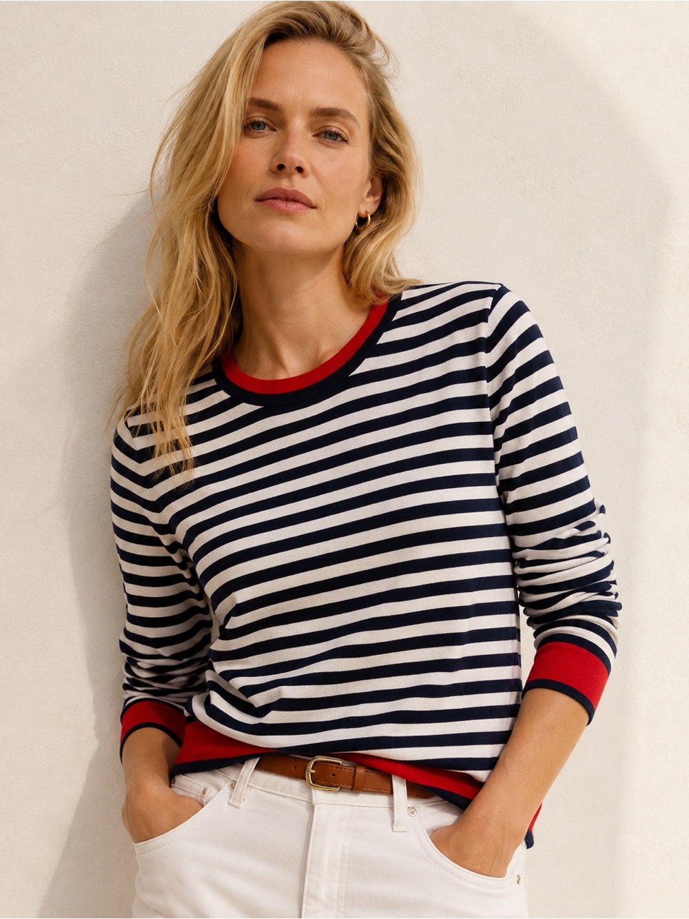 Patrick Assaraf Navy White Breton Stripe Cotton Long Sleeve Tee Red Trim | M